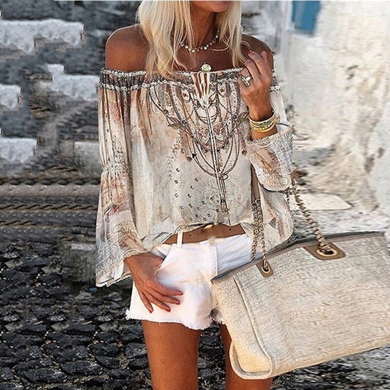 Women Blouse Shirt Off Shoulder Floral Print Blouse Shirts Lace-up Hollow Top Vintage Flare Sleeve Ladies Office Blouses