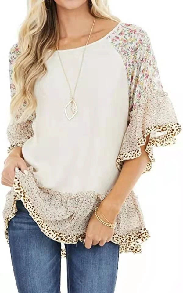 Paisley Short Sleeve Printed Cotton-blend Crew Neck Vintage Summer Deep Gray Top | IFYHOME