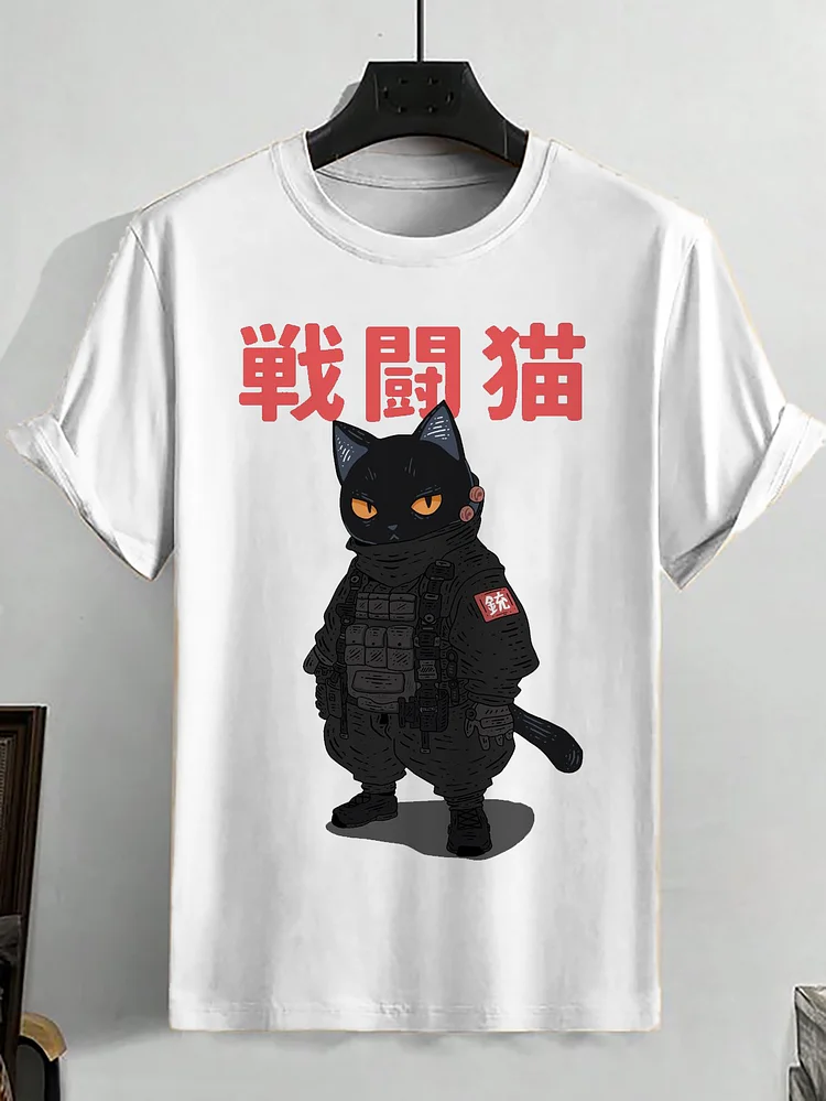 Men's Japanese Art Combat Cat Print Cotton Casual T-Shirt