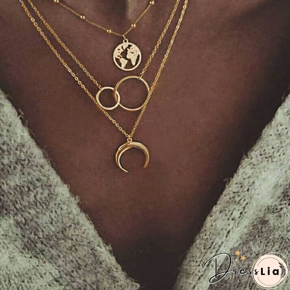 Multilayer Moon Alloy Metal Disc Gold Pendant For Women New Trend Female Jewelry Collar