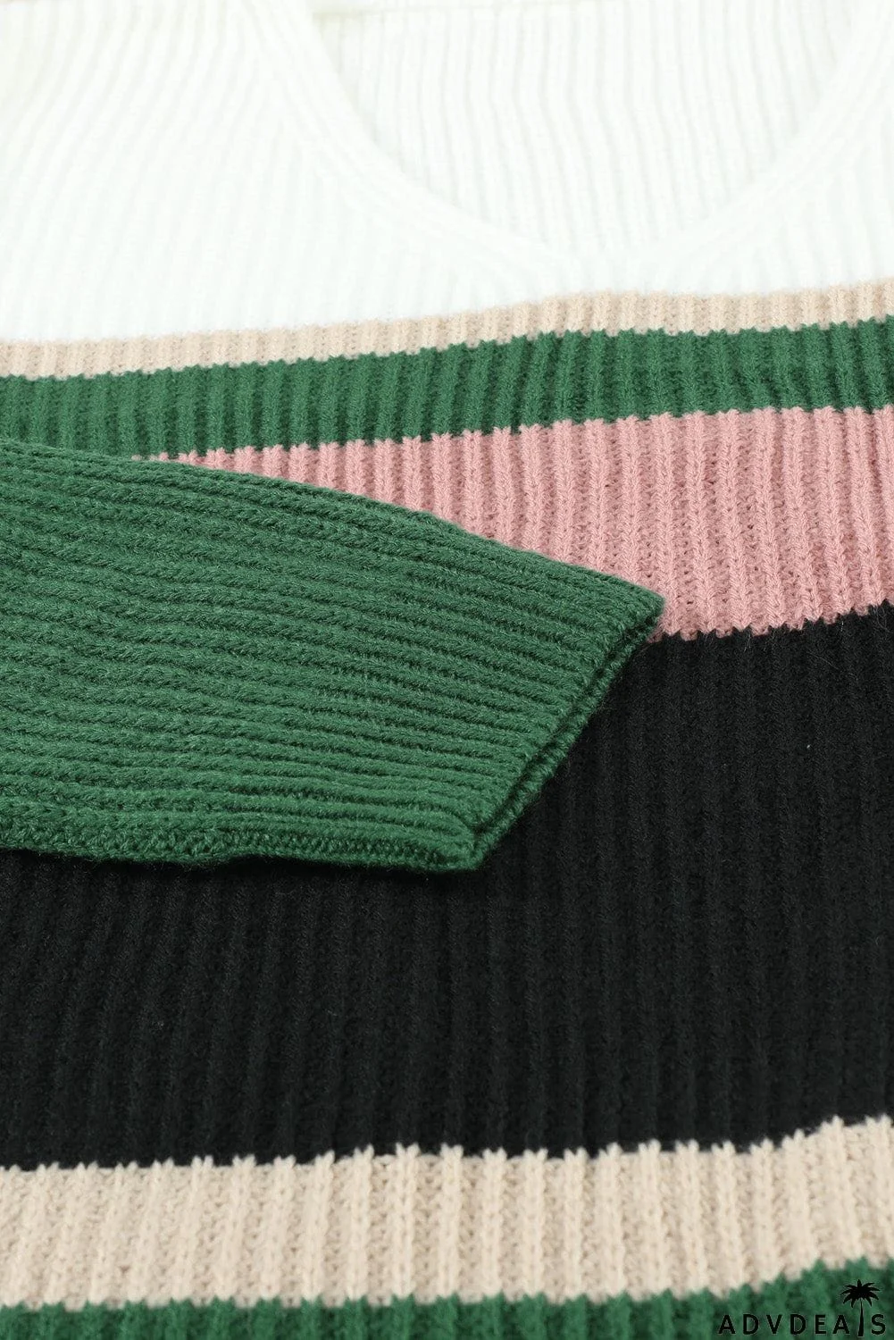 Khaki Colorblock V Neck Ribbed Knitted Sweater