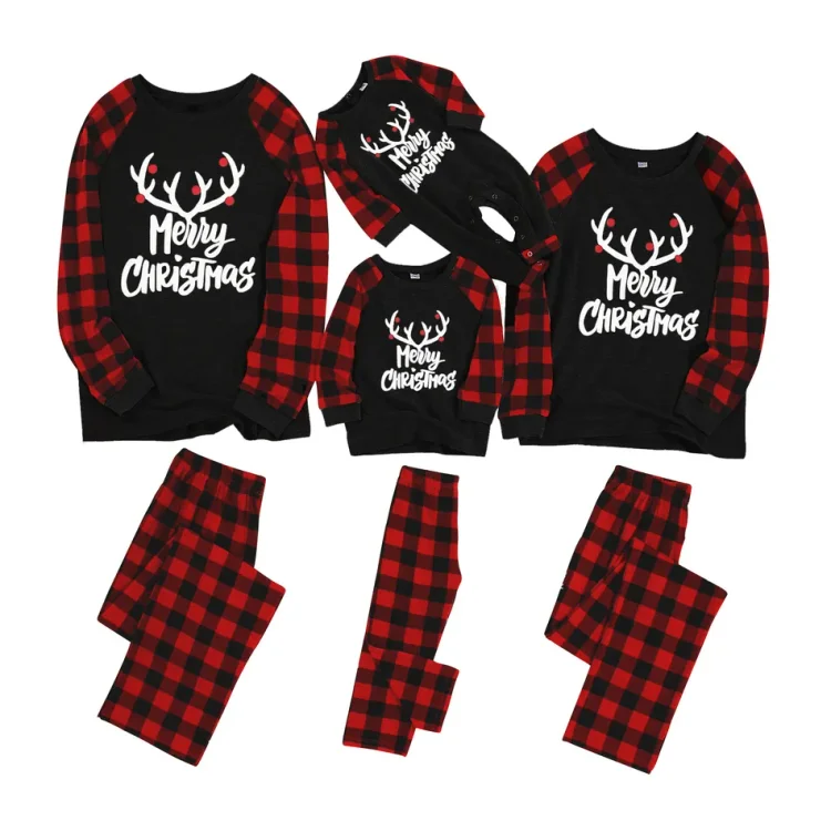Merry Christmas Antler Letter Print Plaid Design Family Matching Pajamas Sets  Stunahome.com
