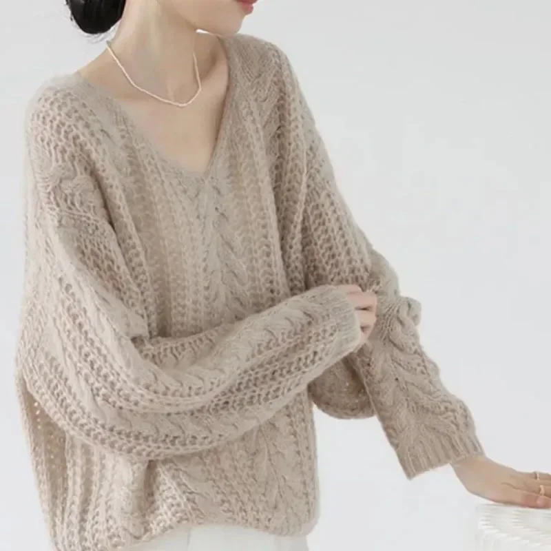 Laimisenergy Solid Casual Loose Women Sweater Autumn New V-Neck Soft Knitted Sweaters Woman Pullover Lazy Style All-Match Thin Jersey Jumper