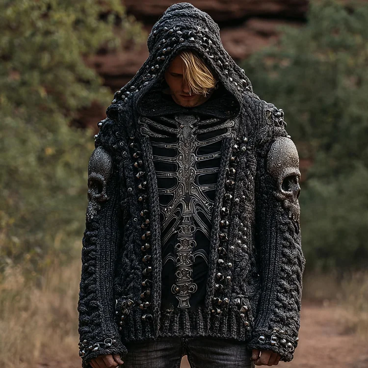 Men's Vintage Skeleton-design Mechanical Style Long-sleeved Hooded Sweater
