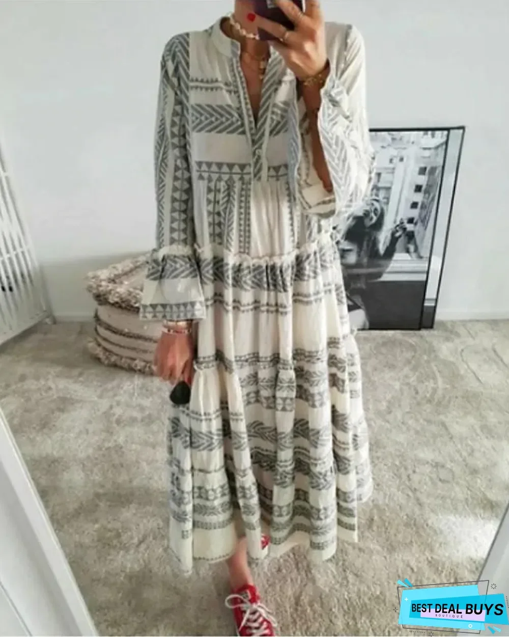 Women's Swing Dress Maxi Long Dress - 3/4 Length Sleeve Geometric Print Spring Summer Casual Vacation Dresses Flare Cuff Sleeve Red Gray