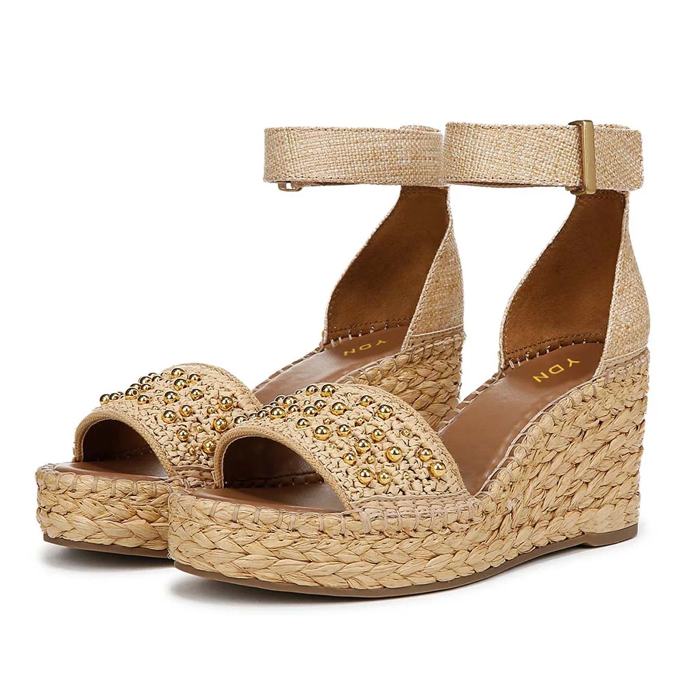 Beige Open-Toe Ankle Strap Espadrille Wedge Sandals with Beads