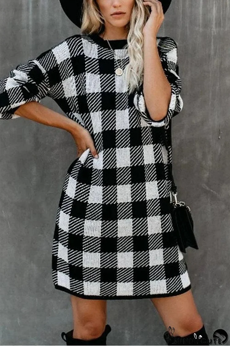 Long Sleeve Plaid Knit Dress