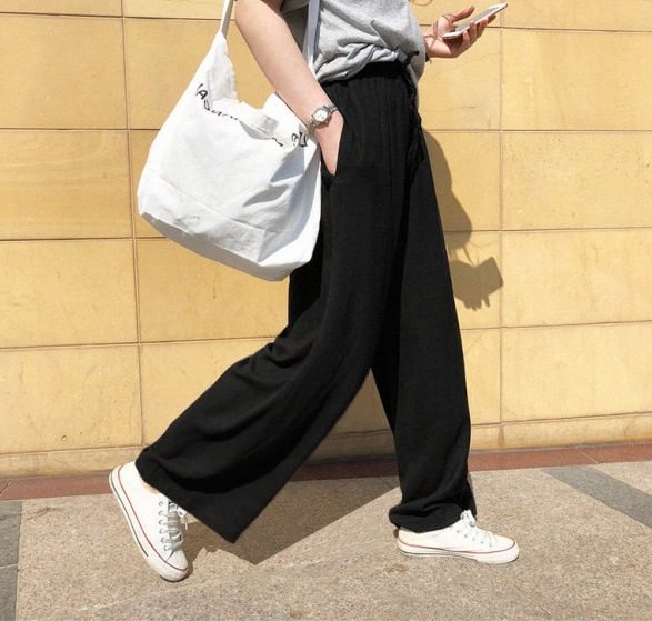 Korean Linen Simple Elastic Waist Cotton Wide Leg Loose Casual Trousers