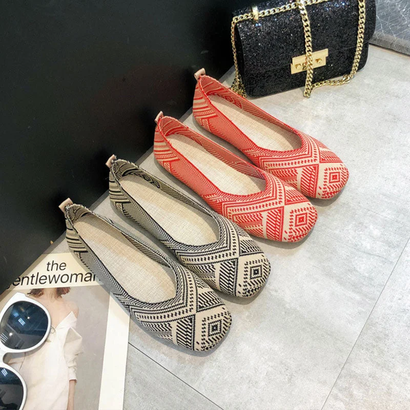 2020 Plus Size Spring New Ballet Flats Women Square Toe Knit Fabric Loafers Breathable Flat Heel Drive Shoes Driving Sneaker