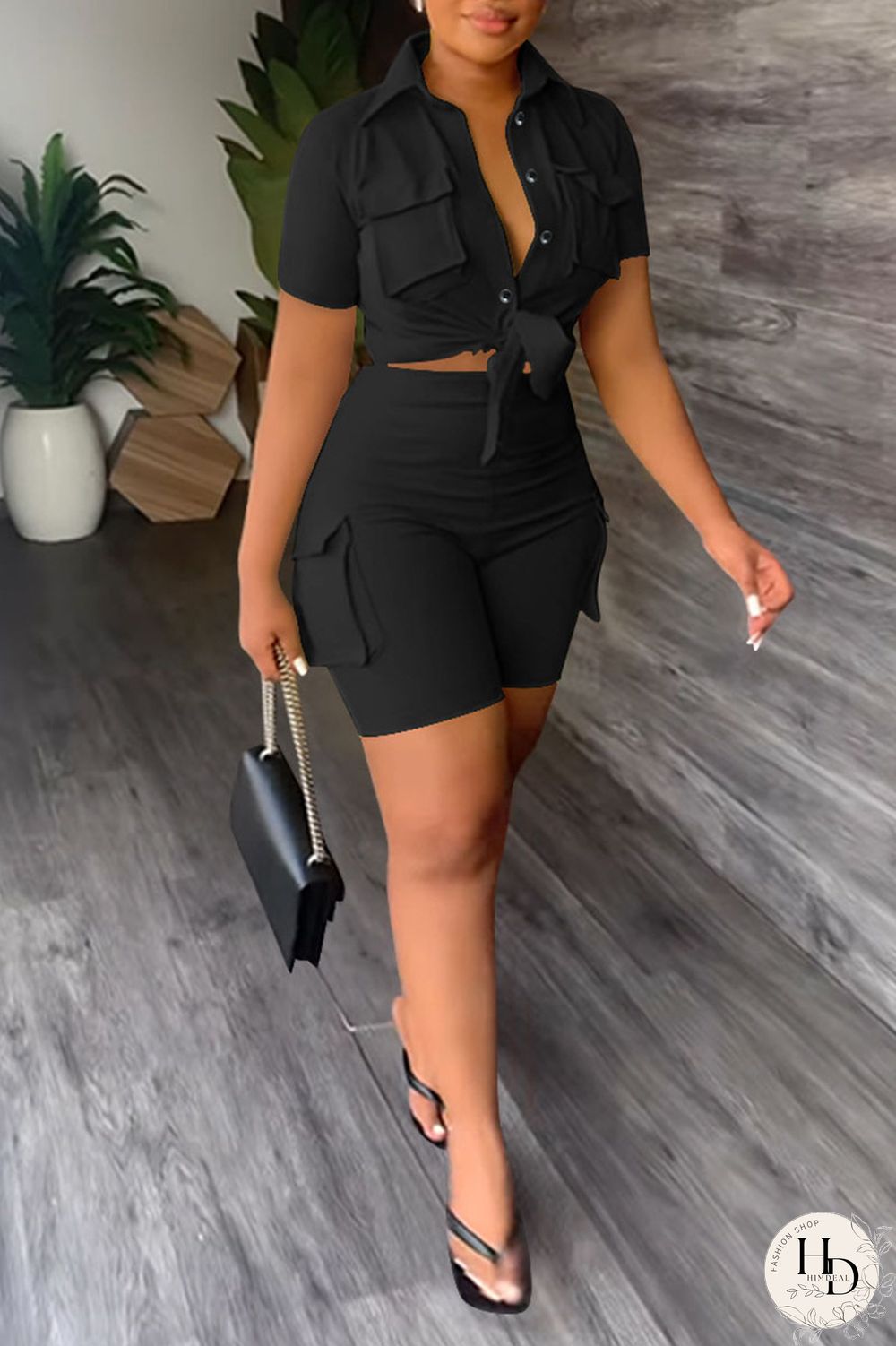 Khaki Casual Solid Bandage Patchwork Pocket Buckle Turndown Collar Short Sleeve Two Pieces