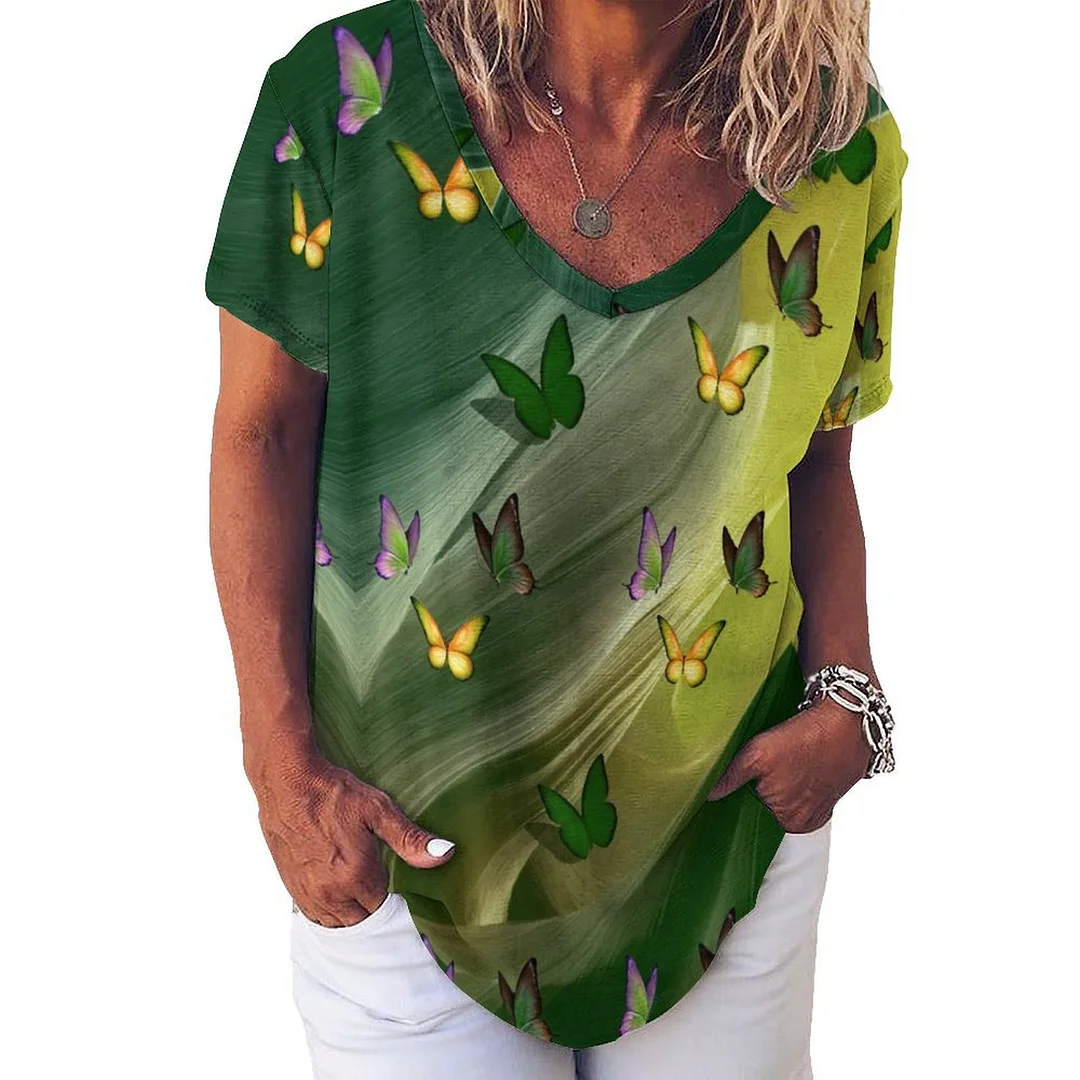 V-neck Short Sleeve Casual T-shirt for  Women Printed with Pattern Butterfly, Green, Dark Green
