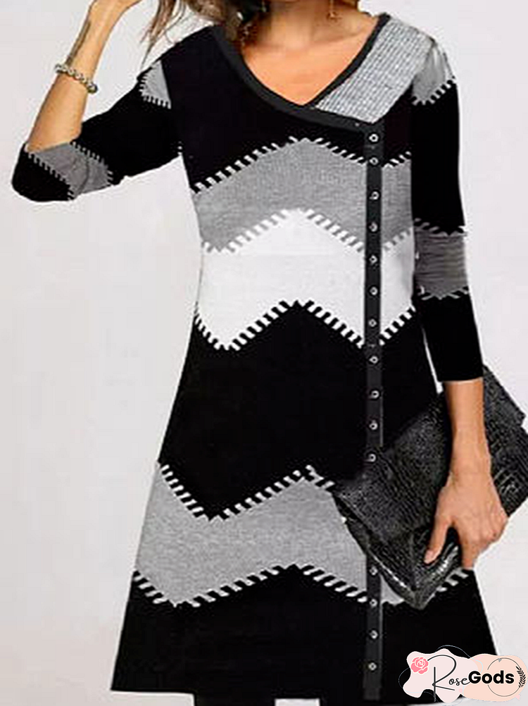 Geometric Long Sleeve Casual Shift Dress