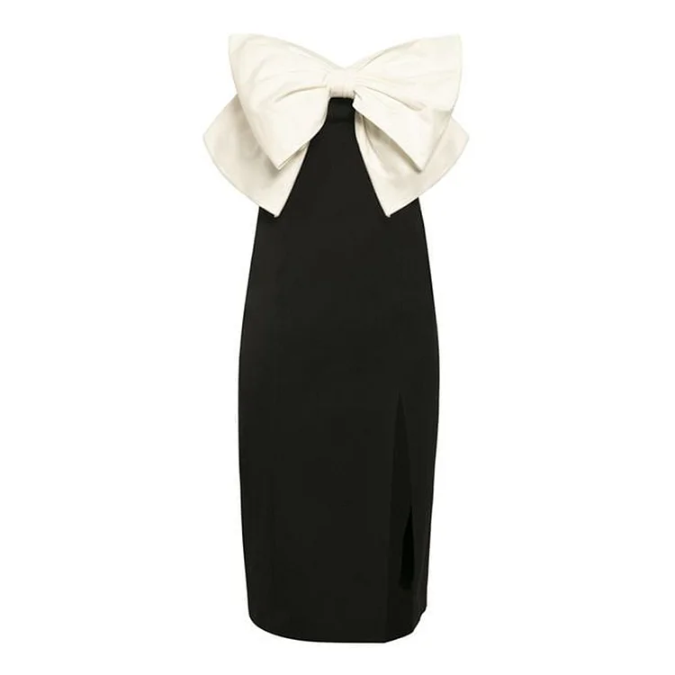 Flaxmaker Black and White Color Block Bowknot Decor Slit Midi Dress