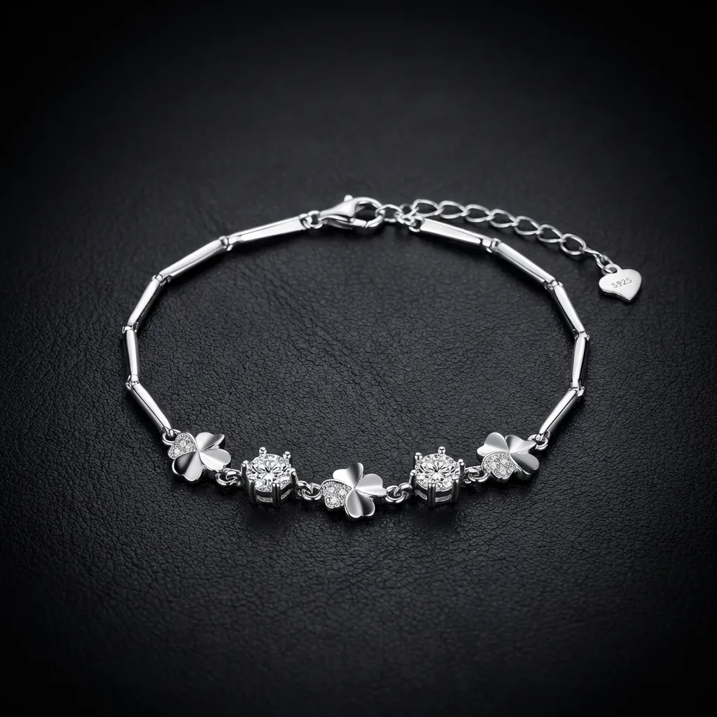 JiStones Eternal Fortune Four-Leaf Clover Moissanite Bracelet in S925 Sterling Silver 1.0ctw (Dual 0.5ct Moissanite)-S925 Sterling Silver