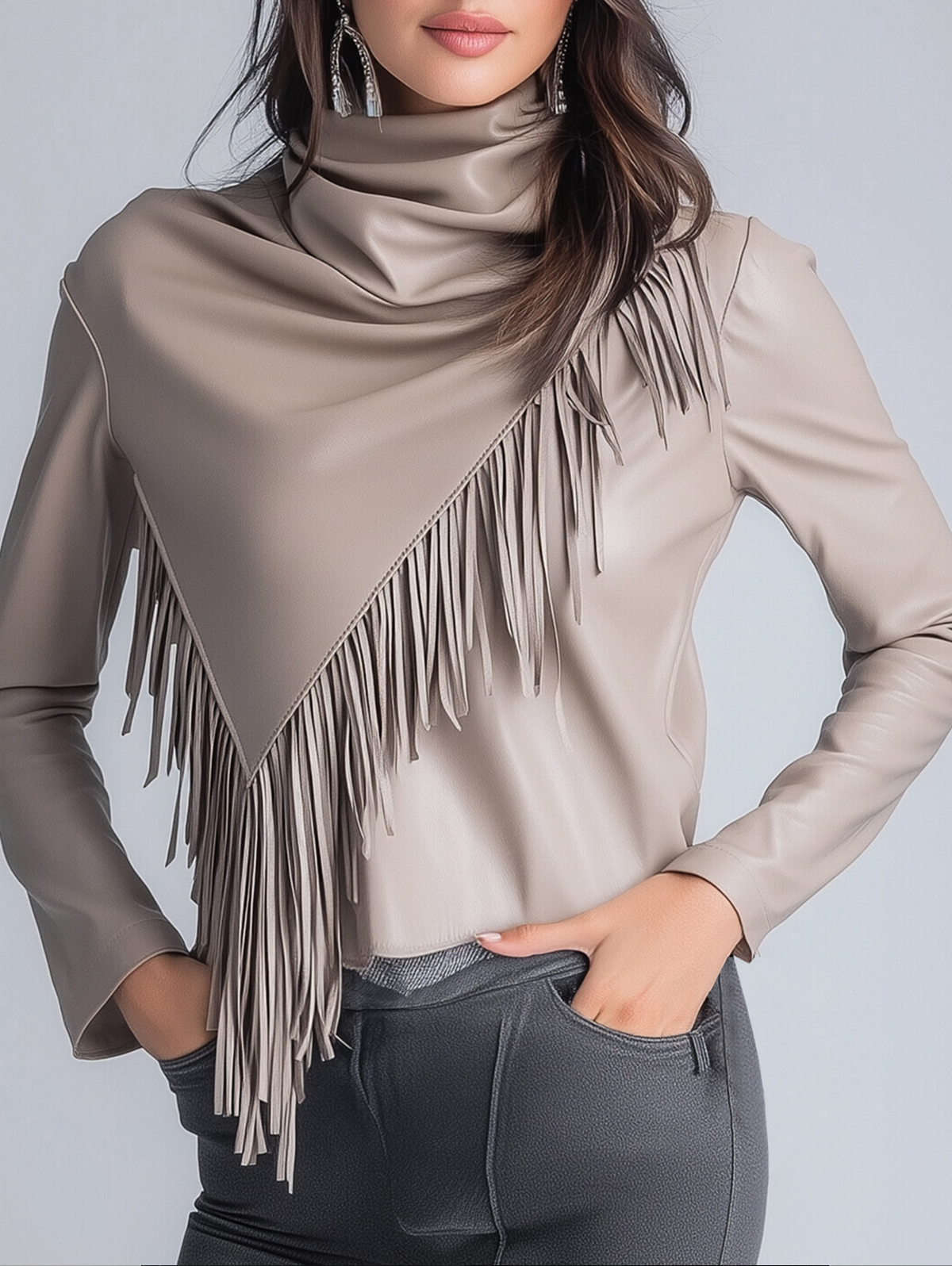 Ursime PU Leather Cowl Neck Long Sleeve Irregular Fringe Blouse