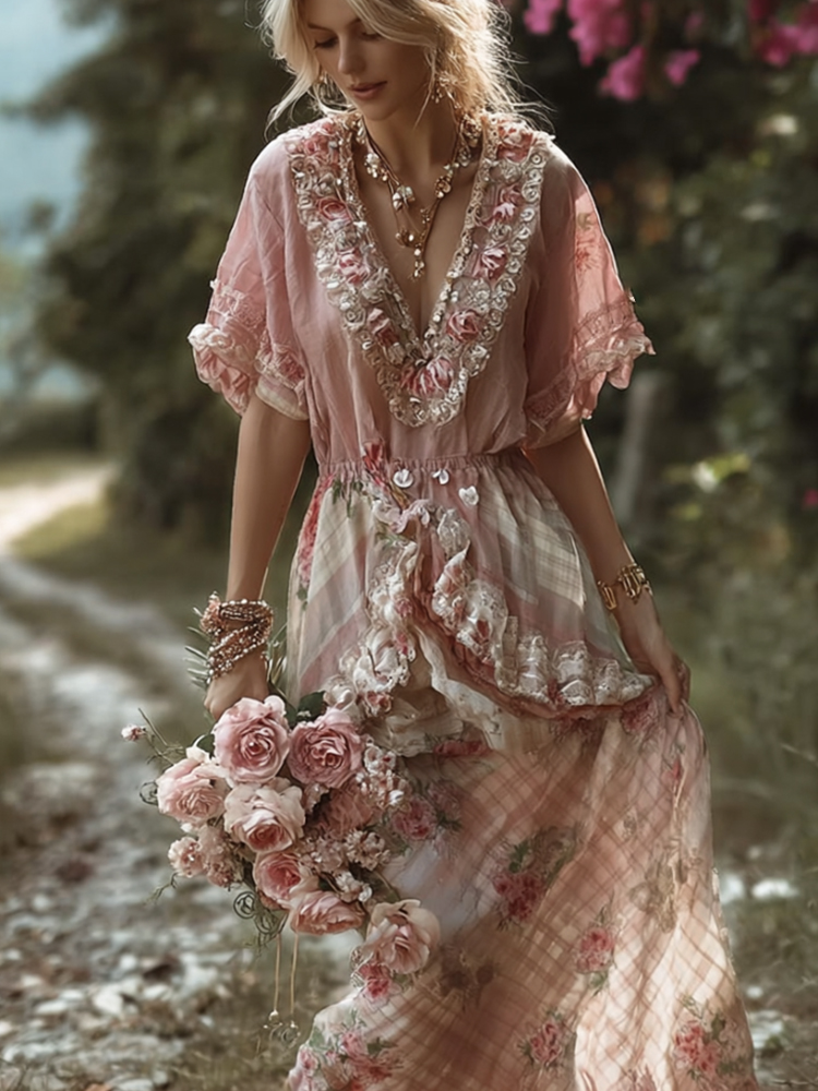Bohème Style Retro Patchwork Plaid Skirt Rose Embroidery V-neck Dress Bohème Style Retro Patchwork Plaid Skirt Rose Embroidery V-neck Dress - Image 1