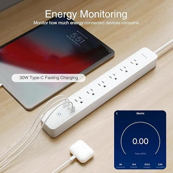 BN-LINK Smart Wi-Fi Power Strip – 3 Outlets + 4 USB-A Ports, 600J Surge, Alexa/Google Home Compatible, BNPS-60/U159WT