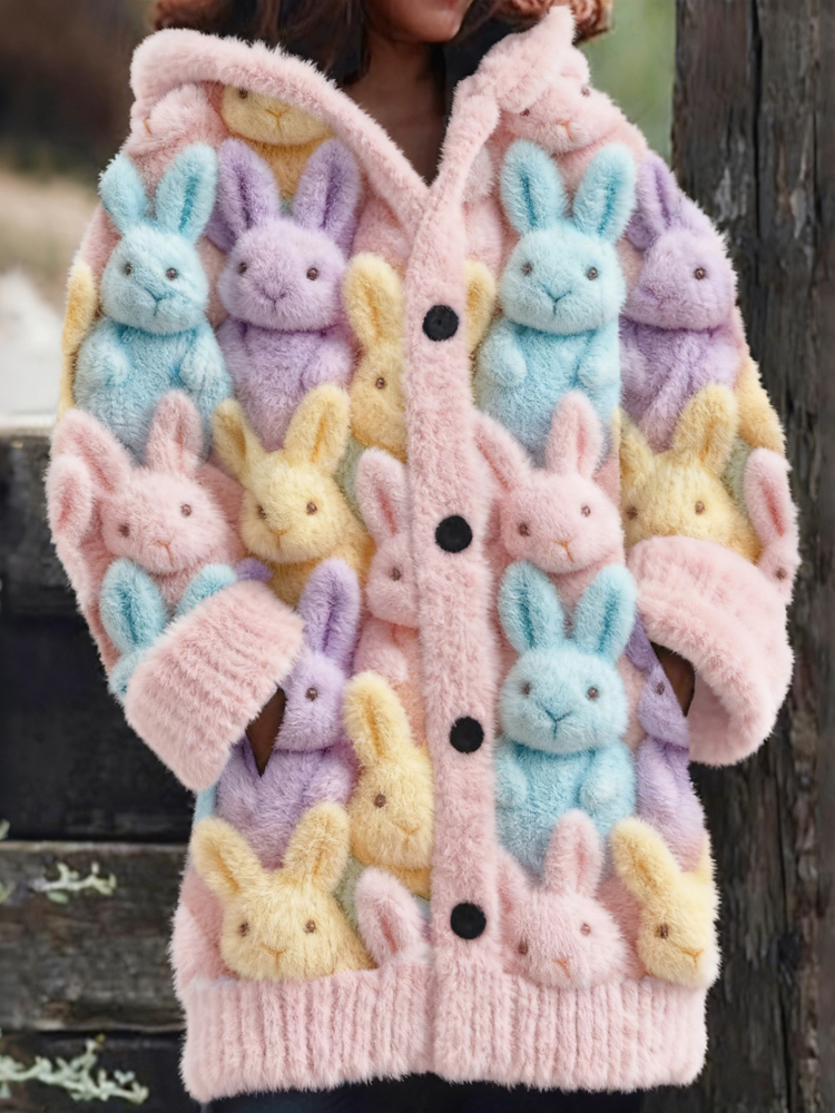 Cute Pastel Fluffy Rabbits Art Cozy Knit Hooded Cardigan elevenforest