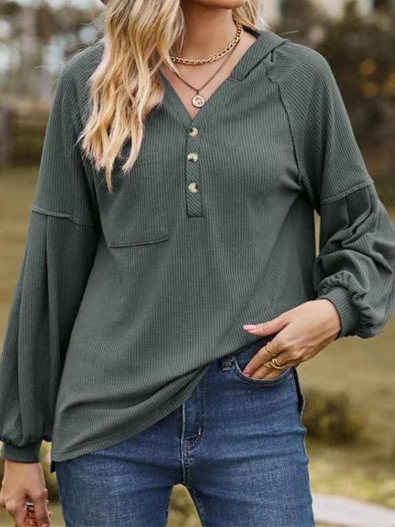 Women's Pockets Solid Color Stitching Long Sleeve V-neck Top