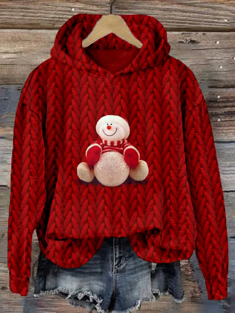Comstylish Lovely Christmas Snowman Knit Art Cozy Hoodie