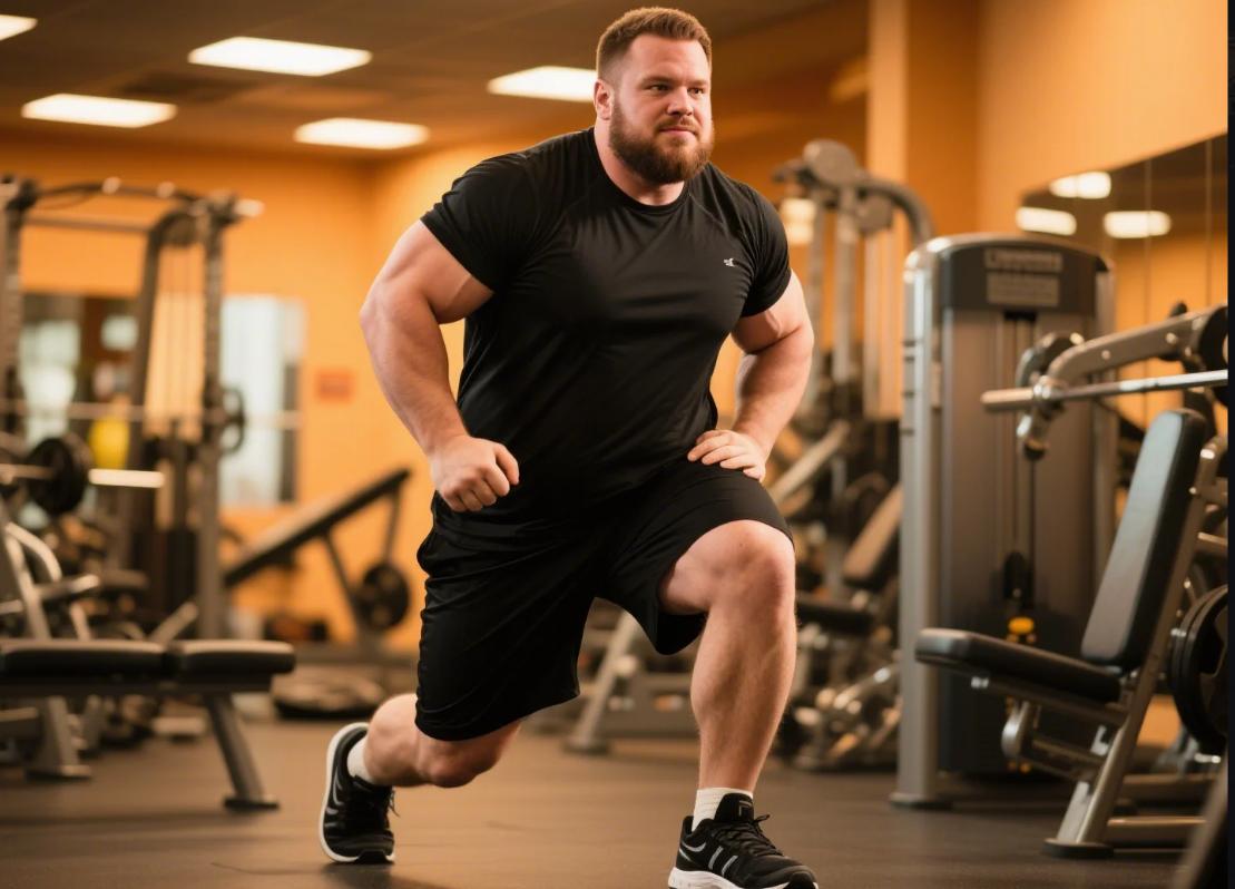 A big man exercising in his shorts