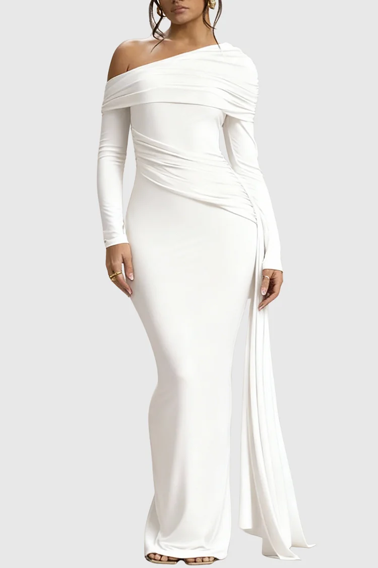 Baxter Off Shoulder Asymmetric Draped Maxi Dress - White