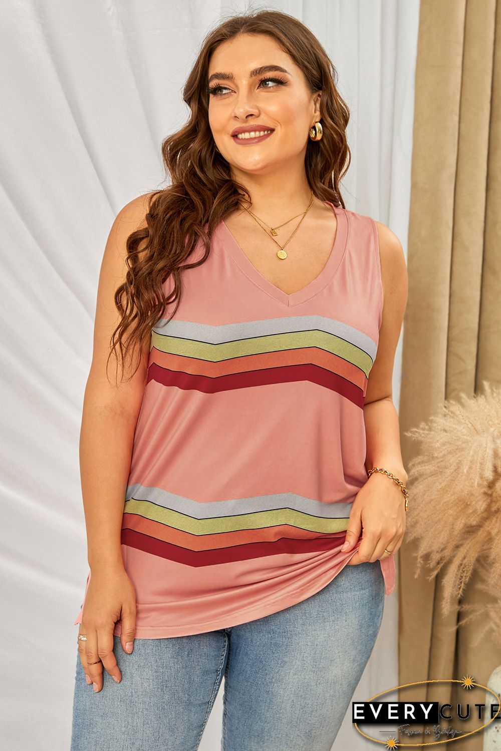 Pink Striped Colorblock V Neck Plus Size Tank