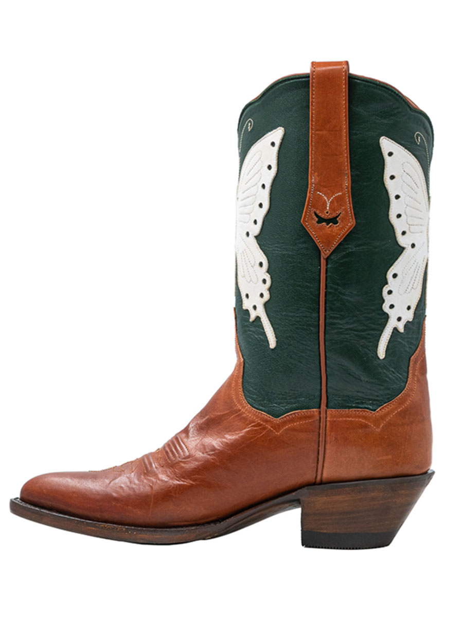 Green & Brown Patchwork White Butterfly Decor Mid-Calf Cowgirl Boots