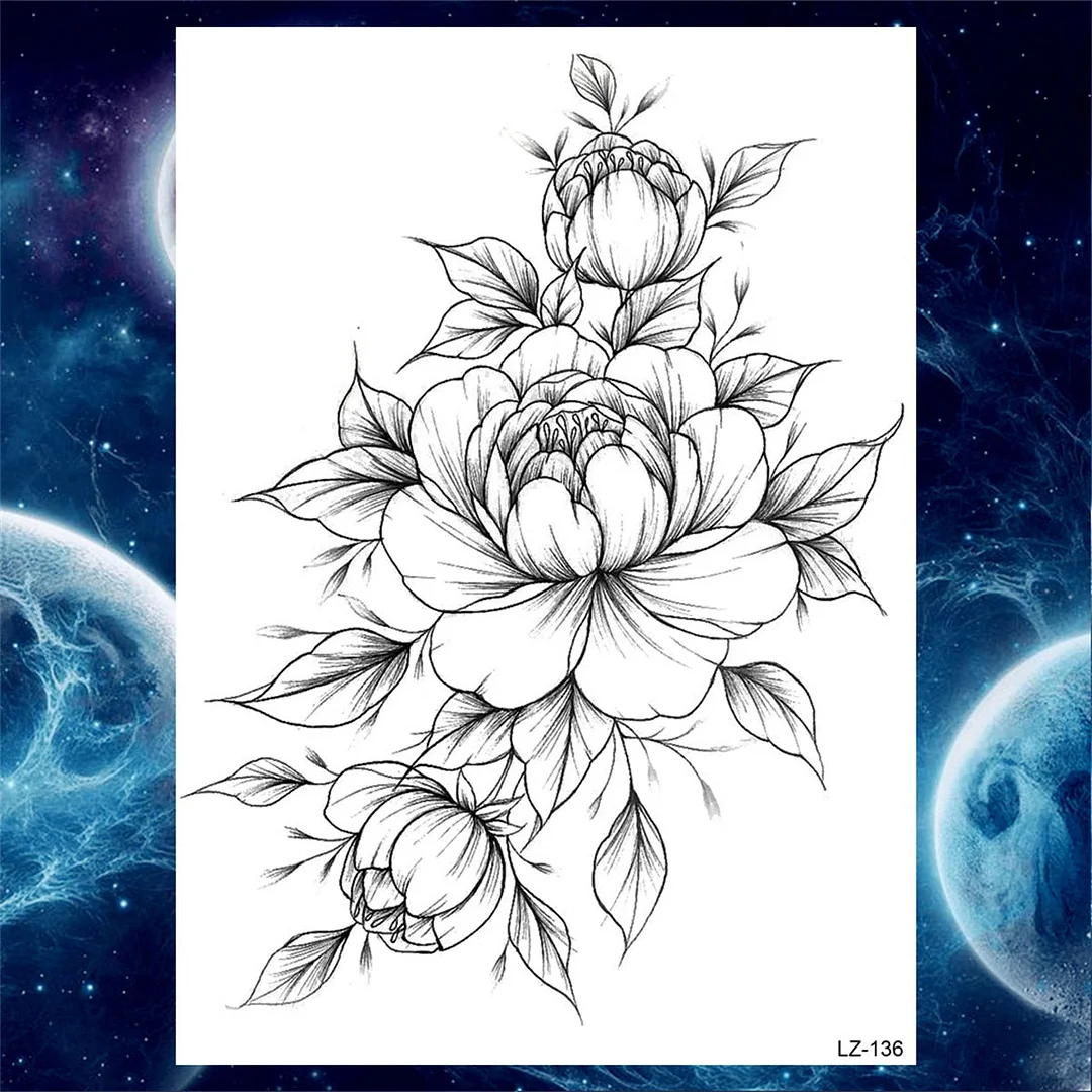 Large 3D Rose Flower Temporary Tattoos For Women Men Adults Death Skull Tattoo Sticker Peony Dahlia Black Fake Tatoos Forearm