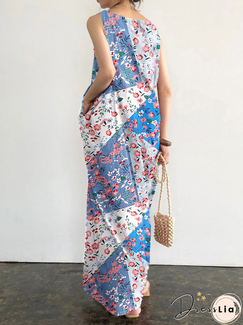 Floral Print Pocket Sleeveless Round Neck Maxi Dress