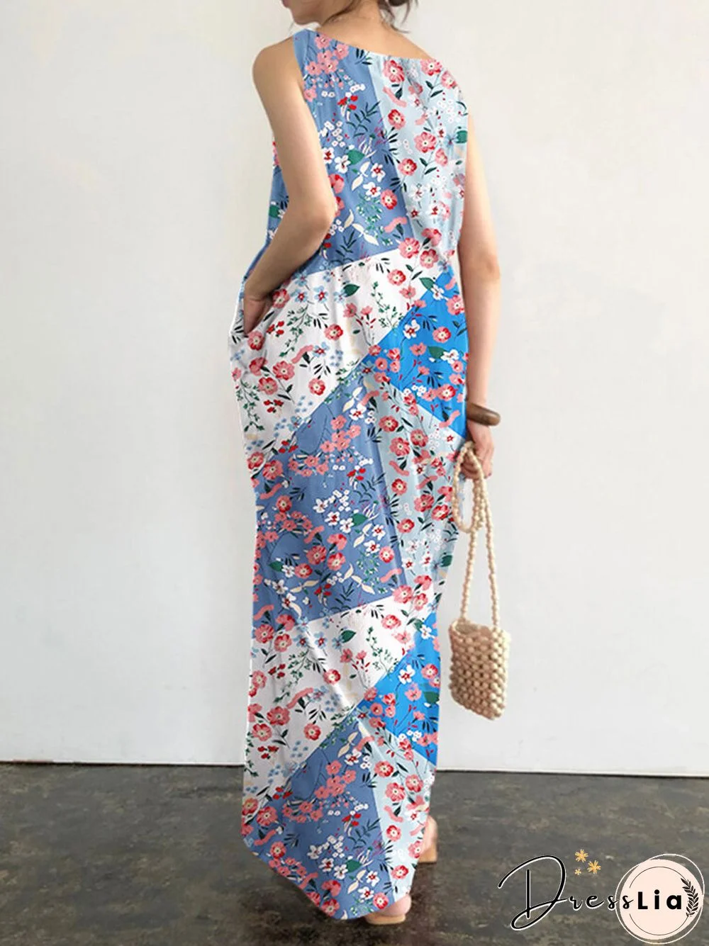 Floral Print Pocket Sleeveless Round Neck Maxi Dress