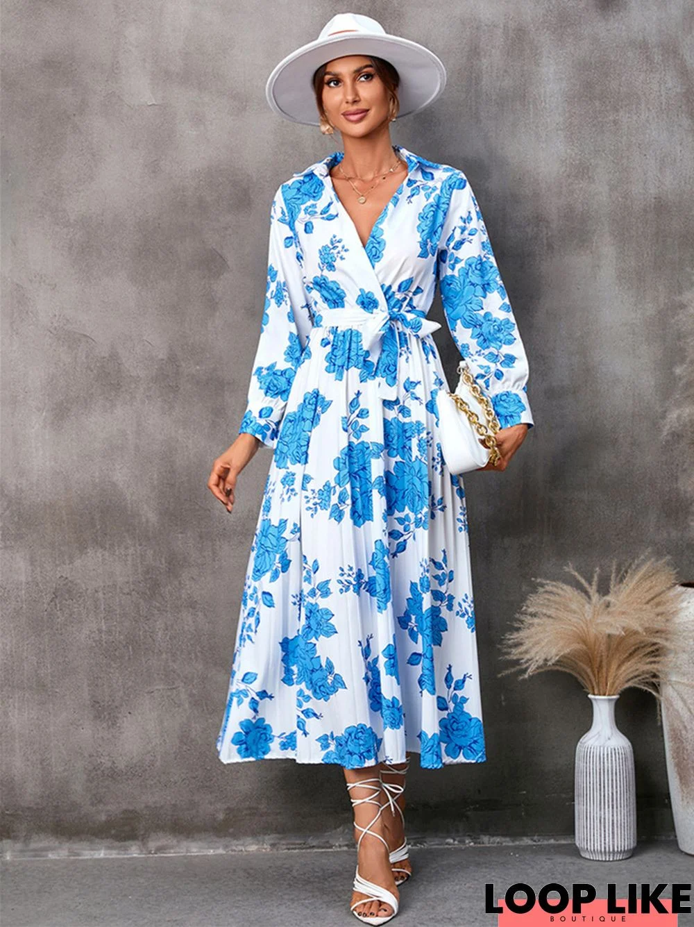 V-Neck Printed Long Sleeve Mid Length Dress