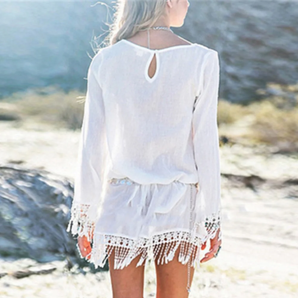 Sexy Long-Sleeved Fringed Dress Women's Beachwear Sunscreen Clothing