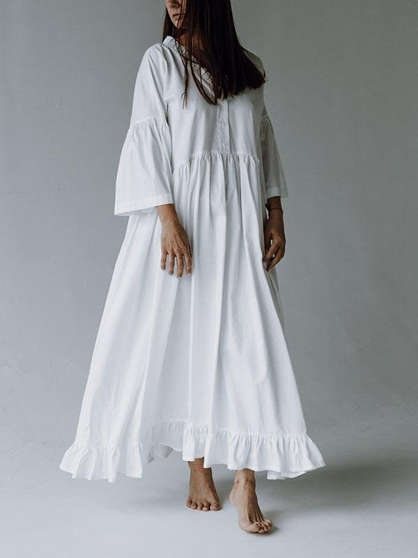 V-neck pleated strap solid color loose casual dress-Mayoulove