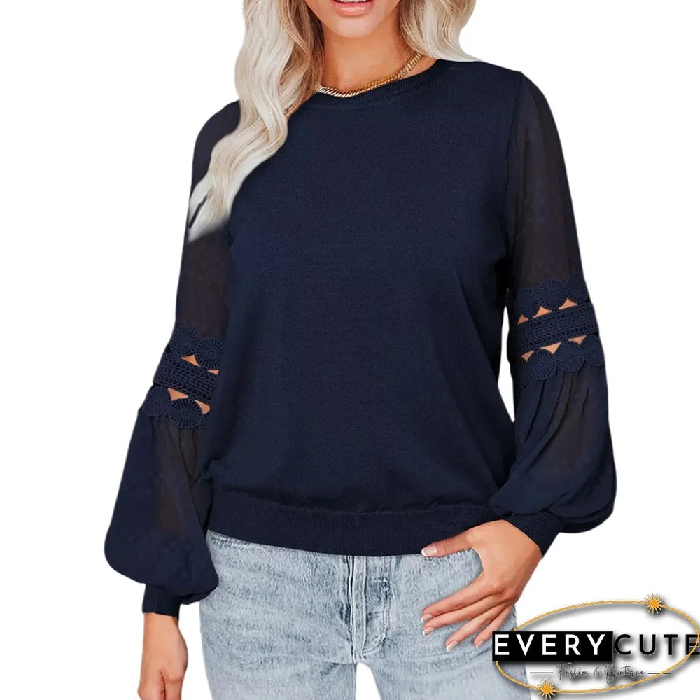 Navy Blue Splicing Hollow-out Lantern Sleeve Tops