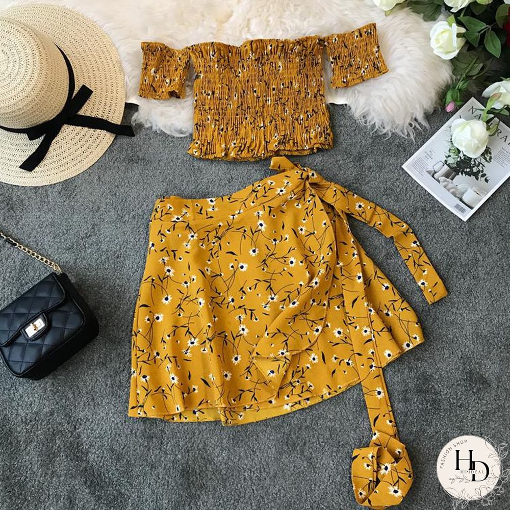 Two Piece Set Womens Sexy Summer Crop Top And Mini Skirt Off Shoulder Elastic Print Floral