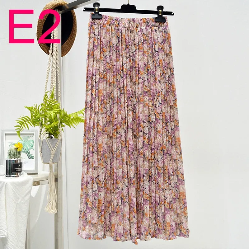 Summer Skirts Womens 2020 New Vintage Floral Print Chiffon Pleated Skirt Elastic High Waist Casual Midi Skirt Women Clothes Jupe