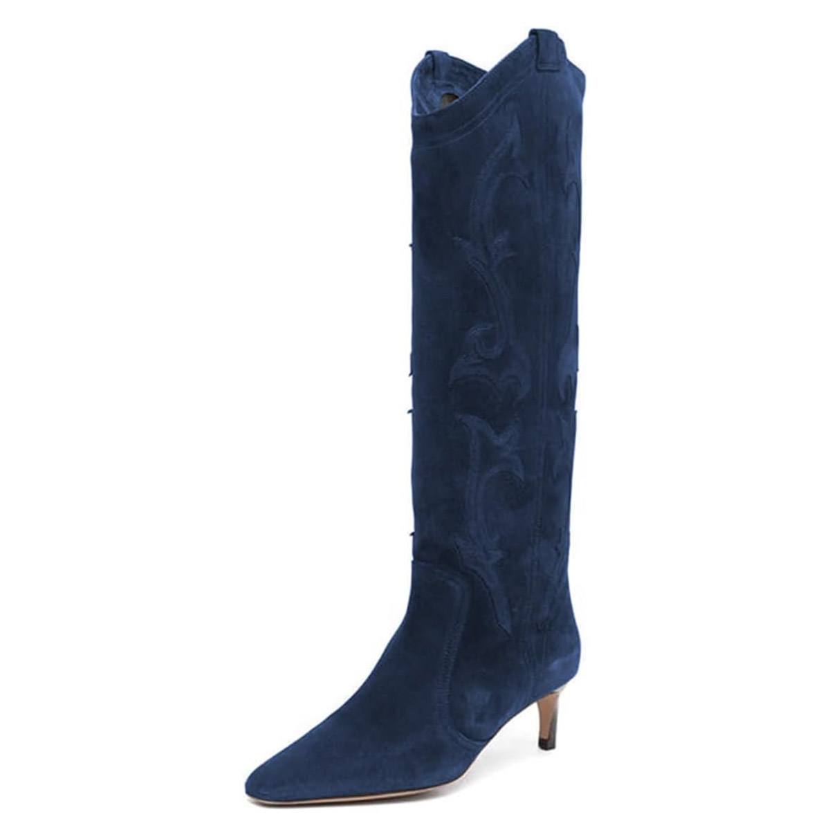 Navy Pull-On Embroidered Snip Toe Kitten Heel Tall Boots for Women Nicepairs