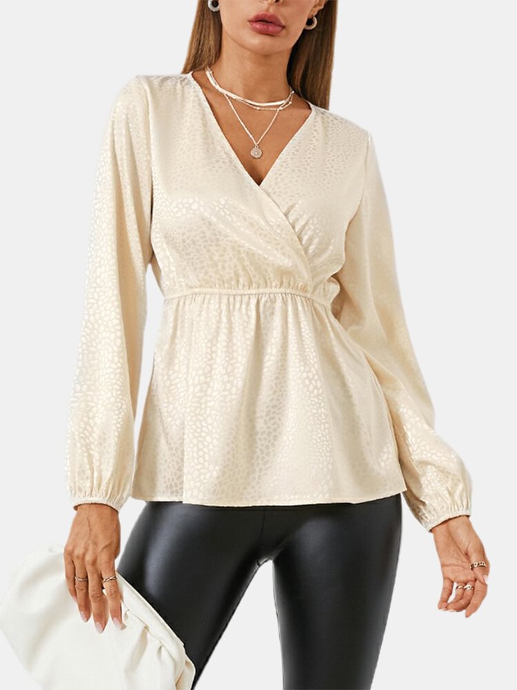 Elastic Waist V neck Long Sleeve Casual Blouse For Women P1786343