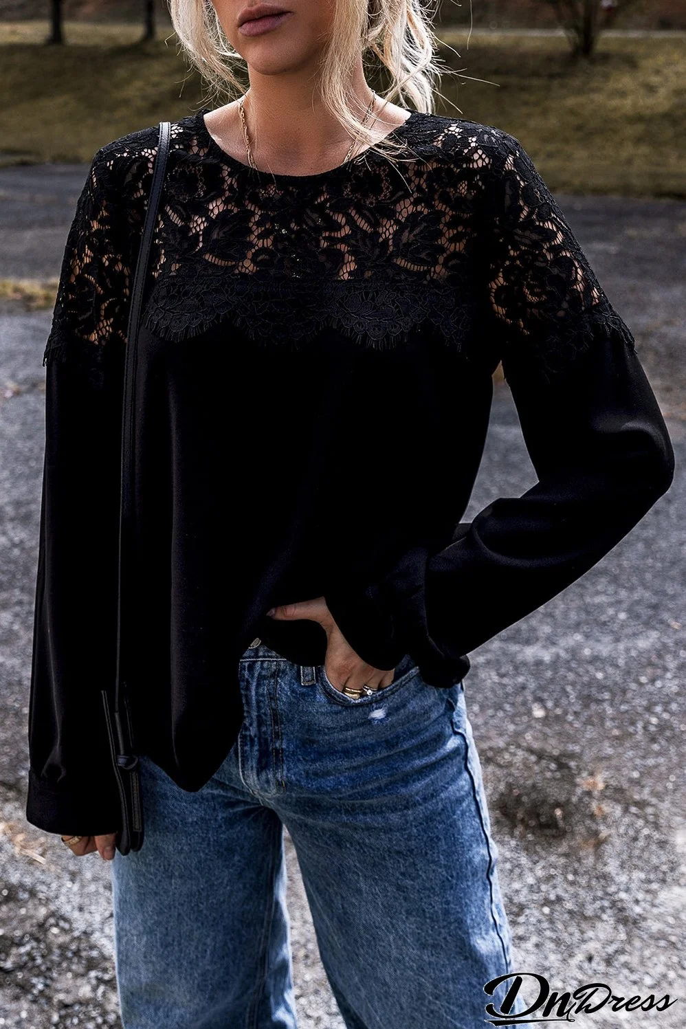 Black Lace Crochet Patchwork O Neck Long Sleeve Top