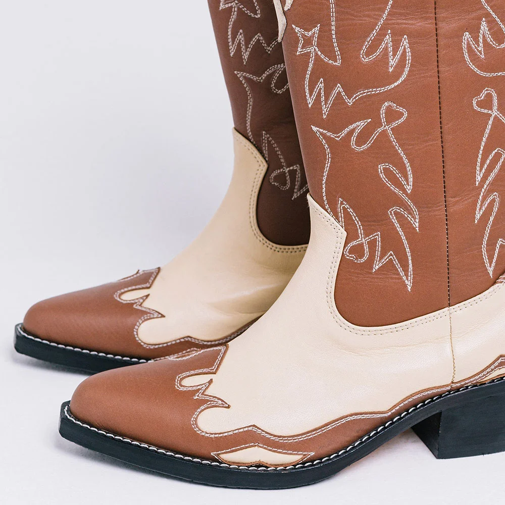 Brown & Ivory Chunky Heel Patchwork Cowgirl Boots with Embroidery