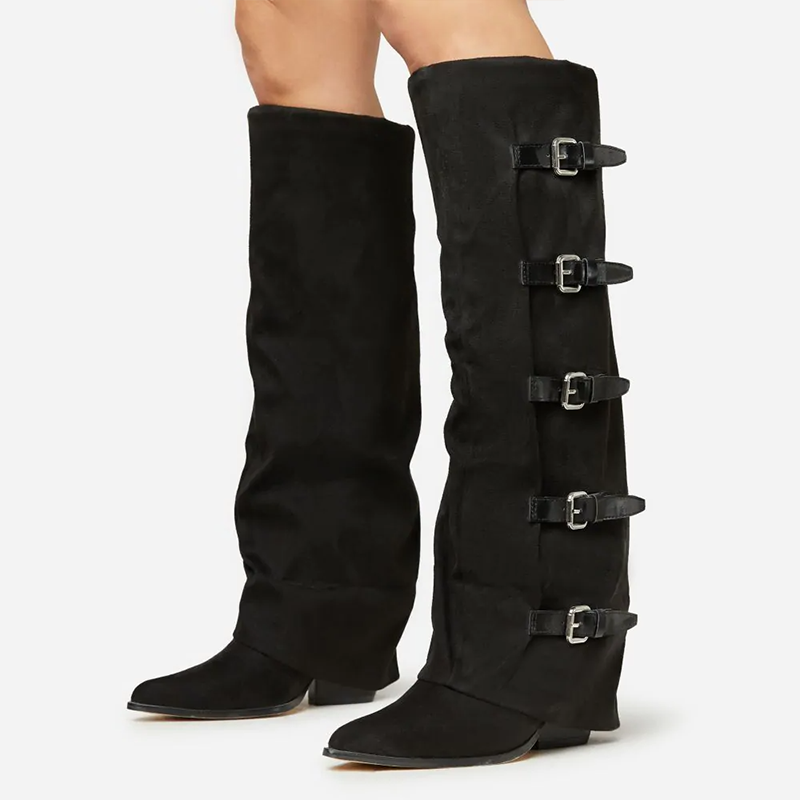 GOOSHOE Black Fold-Over Buckle Cowgirl Boots Pointed Toe Chunky Heel Vegan Suede