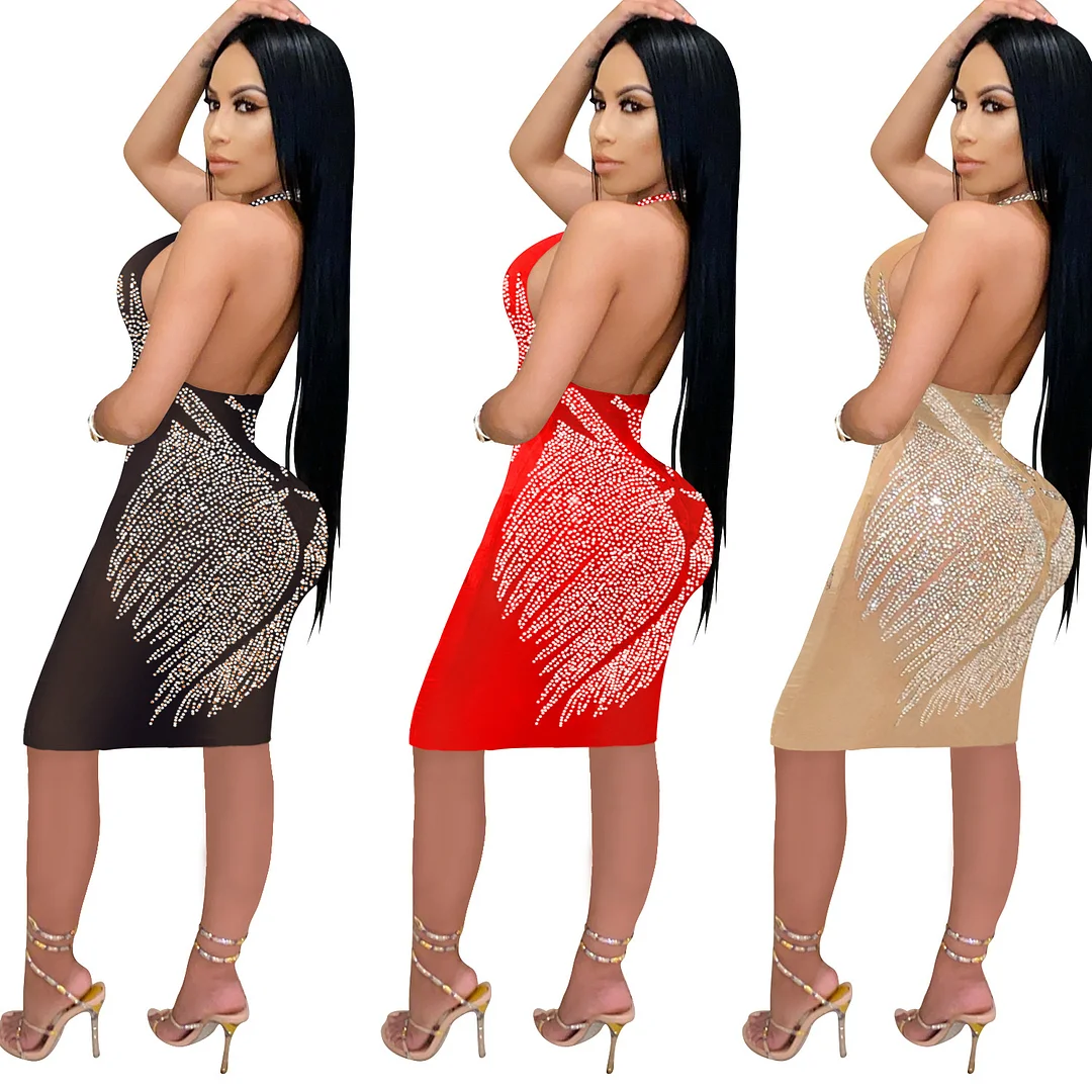 Churchf Churchf New Fashion Women's Hot Diamond Nightclub Wind Round Collar Open Back Sleeveless Skirt Dress