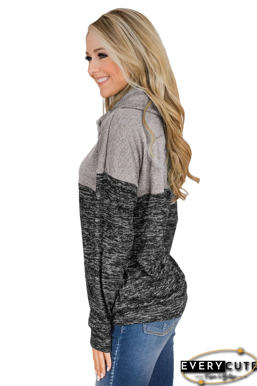 Gray Charcoal Color Block Cowl Neck Sweatshirt