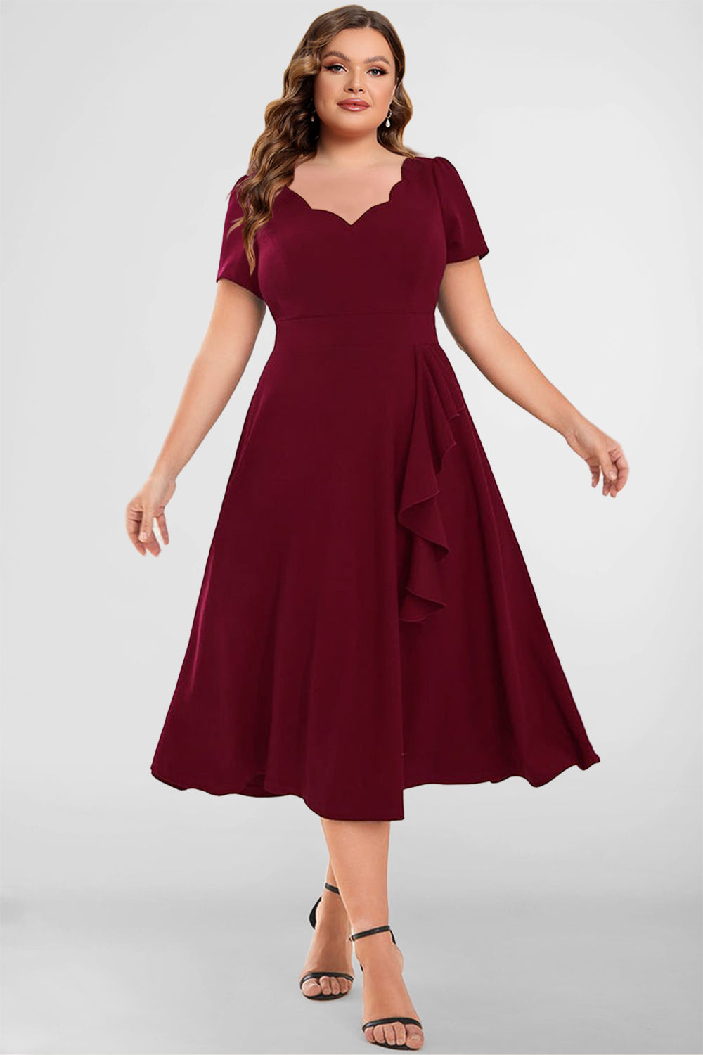 Flycurvy Plus Size Mother Of The Bride Burgundy Chiffon Ruffle Wavy V Neck Tunic Midi Dress 2024 - Flycurvy 