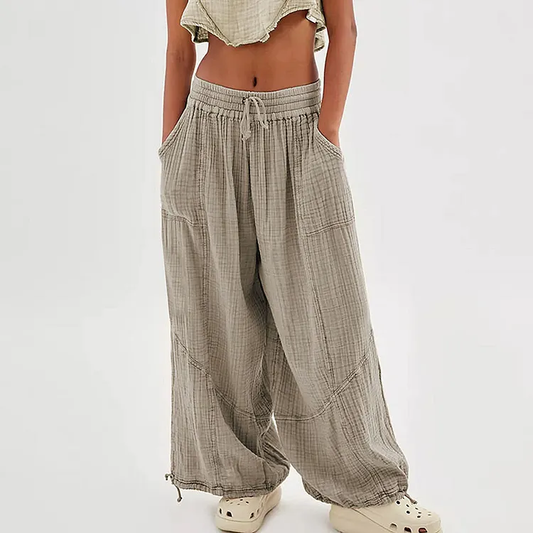 Casual Solid Color Strappy Pocket Cotton Linen Wide Leg Pants