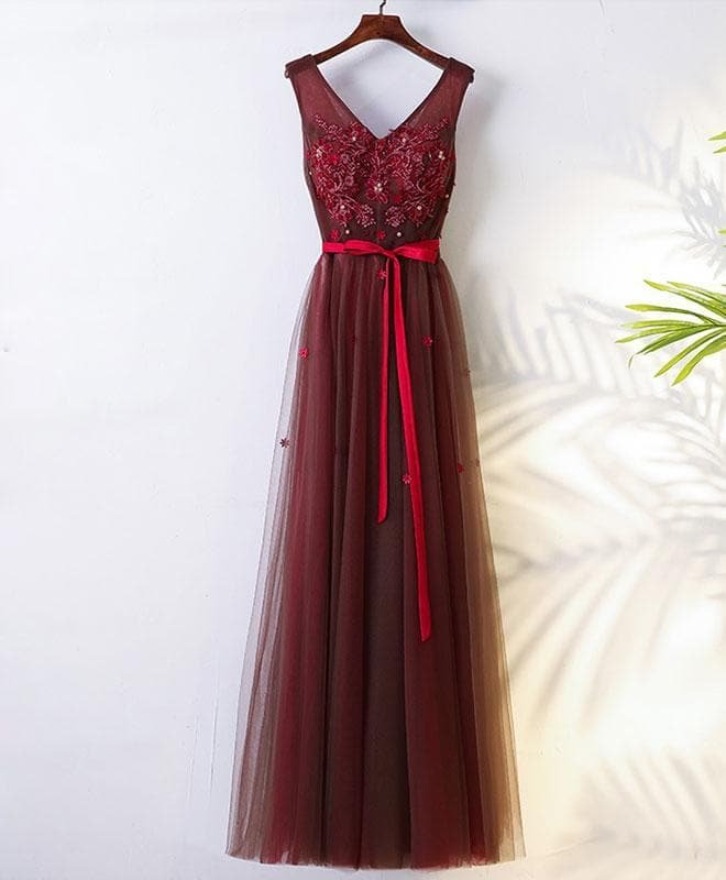Burgundy V Neck Lace Applique Tulle Long Prom Dresses