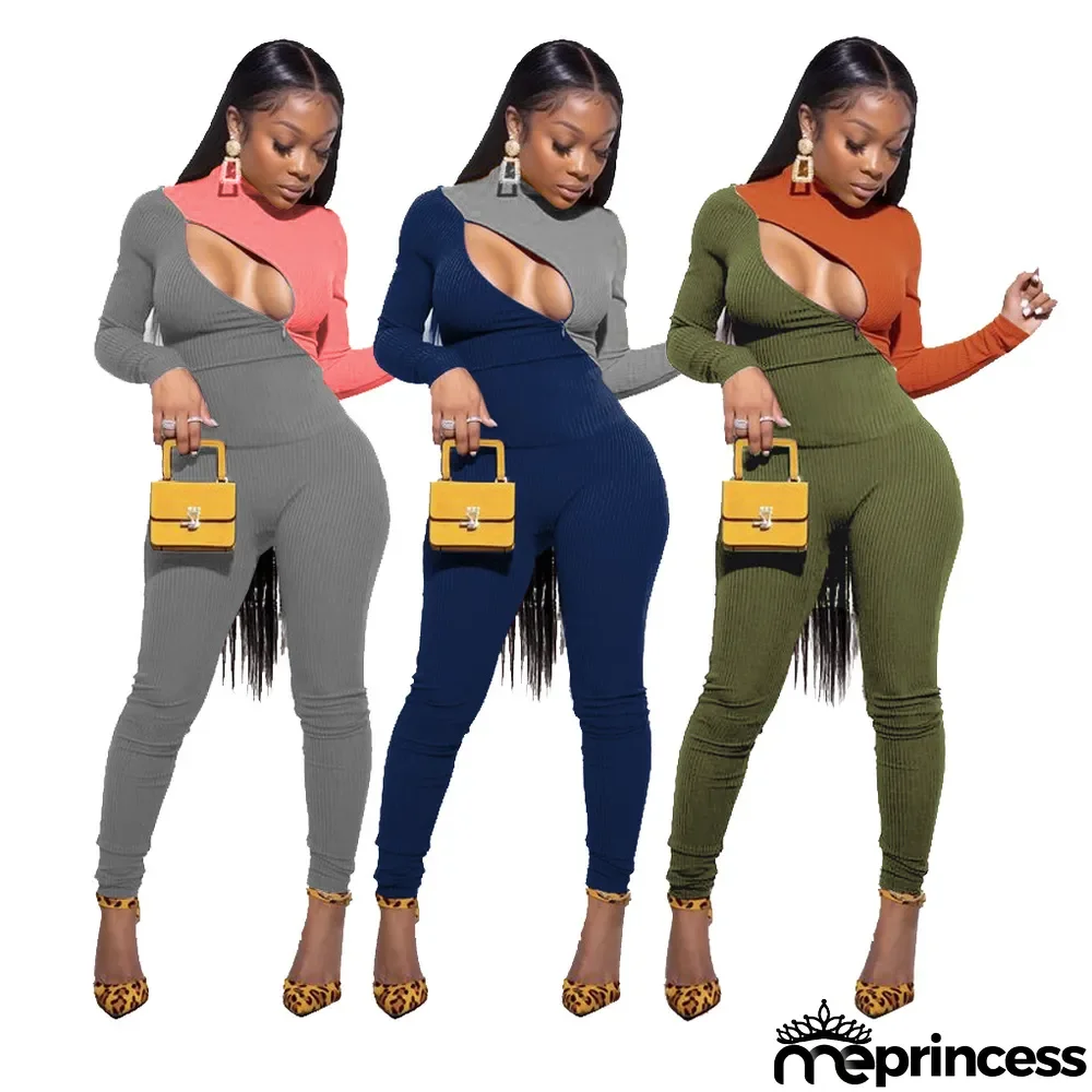 Contrast Color Zipper Two Piece Pants Set