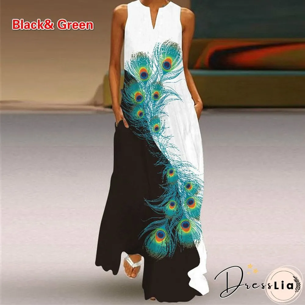 Butterfly Print Loose Beach Maxi Dress Summer Womens Fashion Sleeveless V-neck Boho Dress