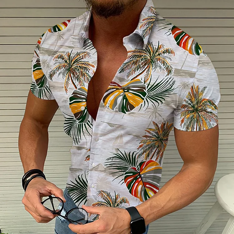 Coconut Tree Pattern Beach Short Sleeves Summer Men Shirts at Hiphopee